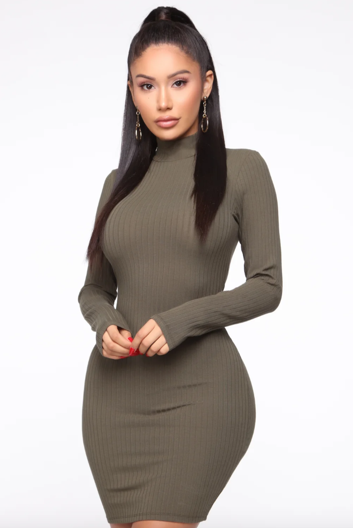 Olive Ribbed Mock Neck Dress